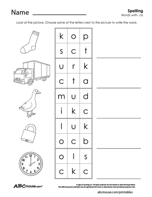 Free printable spelling -ck worksheet for kids from ABCmouse.com. 