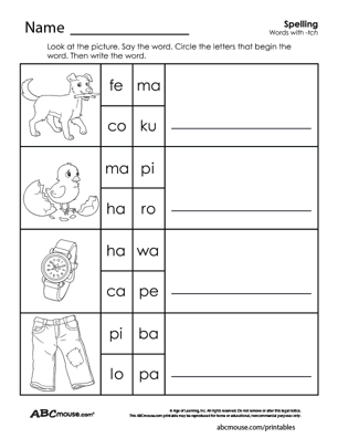 Free printable spelling -tch worksheet for kids from ABCmouse.com. 