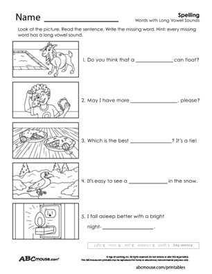 Free printable spelling long vowel sounds worksheet for kids from ABCmouse.com. 