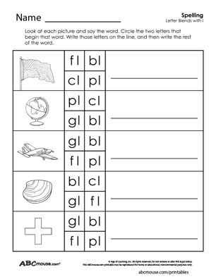 Free printable spelling L blend words worksheet for kids from ABCmouse.com. 