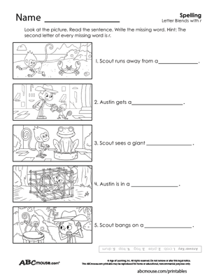 Free printable spelling words with letter r blends worksheet for kids from ABCmouse.com. 