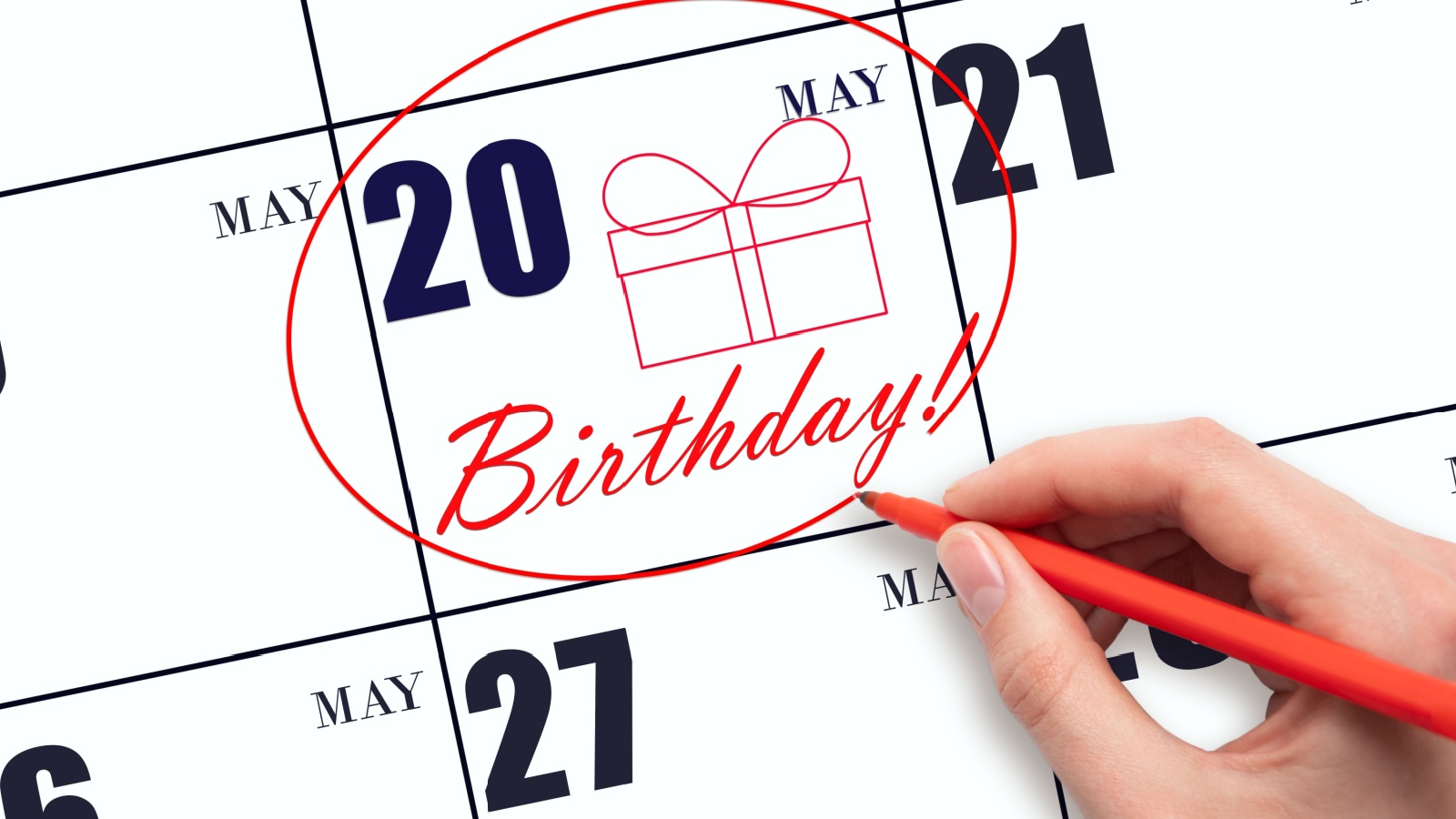 The number 20 circled on the calendar with birthday written on the block. 