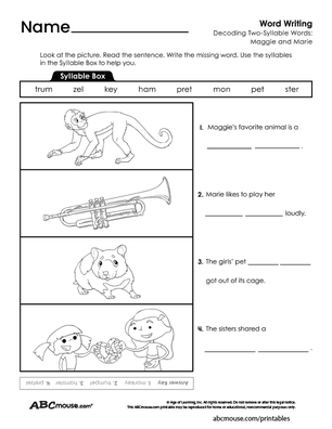 Free printable syllable worksheets for kids from ABCmouse.com. 