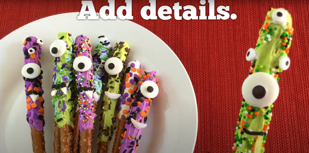 Fun details added to monster pretzel snacks. 