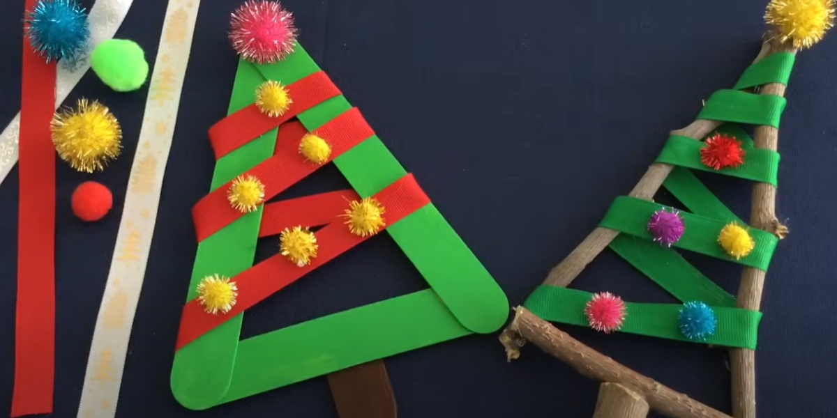 Two different types of stick Christmas tree ornaments a craft from ABCmouse.com. 