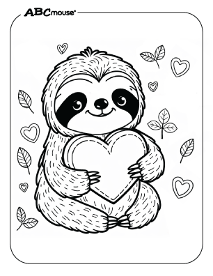 Cute sloth hugging a heart coloring page from ABCmouse.com. 