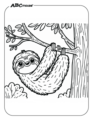 Cute sloth in a tree coloring page from ABCmouse.com. 