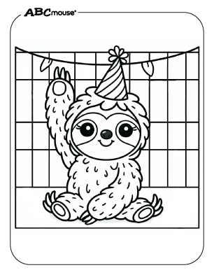 Cute sloth wearing a birthday hat coloring page from ABCmouse.com. 