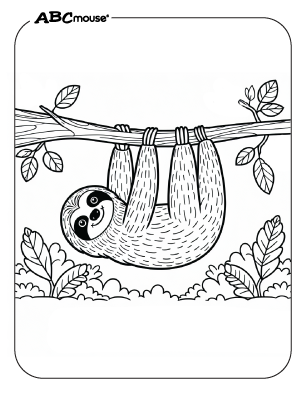 Cute sloth in a tree coloring page from ABCmouse.com. 