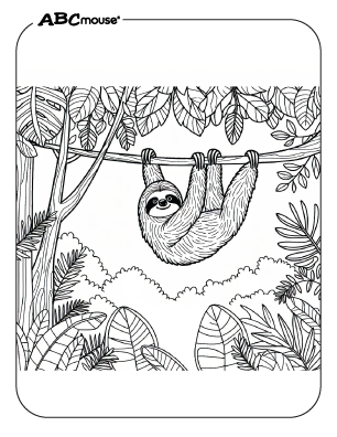 Cute sloth in a tree coloring page from ABCmouse.com. 