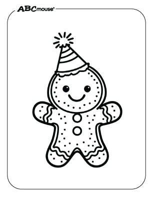 Free printable gingerbread man with party hat on coloring page from ABCmouse.com. 