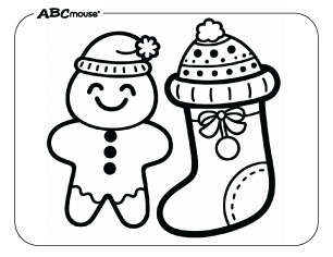 Free printable gingerbread man next to a stocking coloring page from ABCmouse.com. 