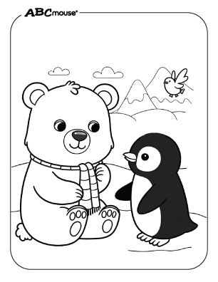 Free printable baby Polar Bear with a penguin coloring page from ABCmouse.com. 