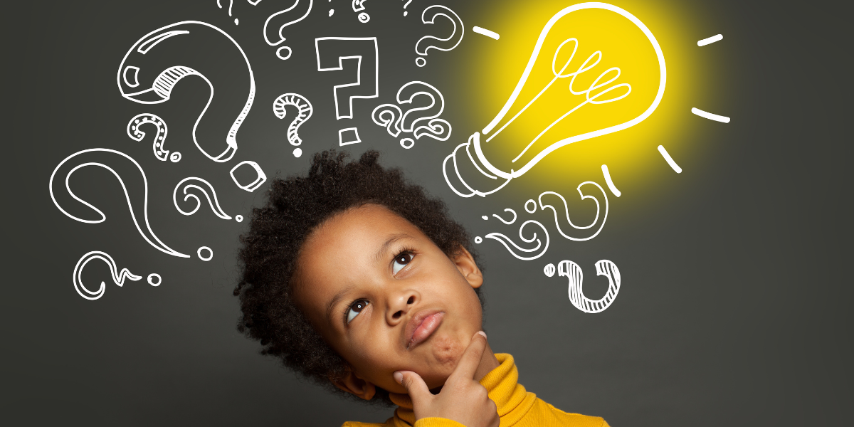 Young child with head tilted and thinking with question marks and a light bulb above his head. 