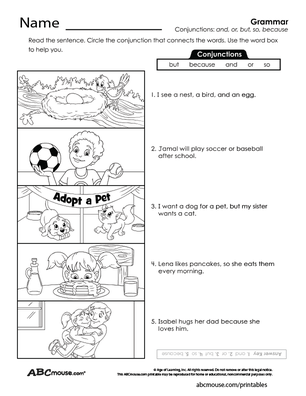 Free printable grammar conjunctions worksheet from ABCmouse.com. 