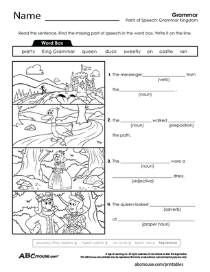 Free printable parts of speech grammar worksheet from ABCmouse.com. 