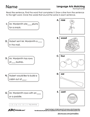 Free printable homophones grammar worksheet from ABCmouse.com. 