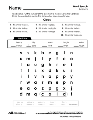 Free printable synonyms grammar worksheet from ABCmouse.com. 