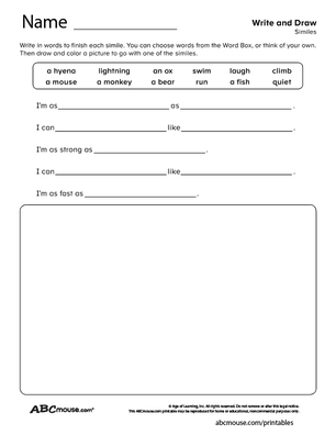 Free printable similes grammar worksheet from ABCmouse.com. 