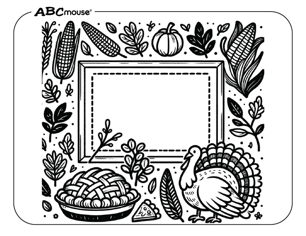 Free printable Happy Thanksgiving frame coloring page for kids from ABCmouse.com. 