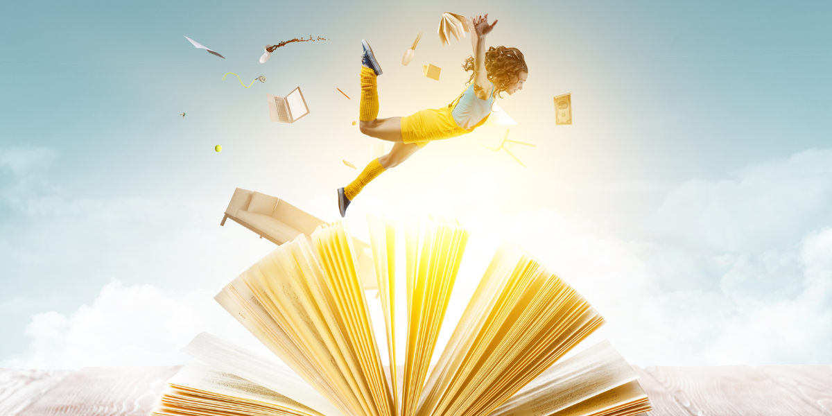 Young girl in a stretched out flying position in the clouds over a book. 