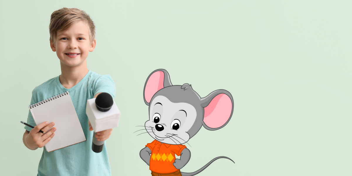 Young boy holding out a microphone to A-B-C mouse to interview him. 