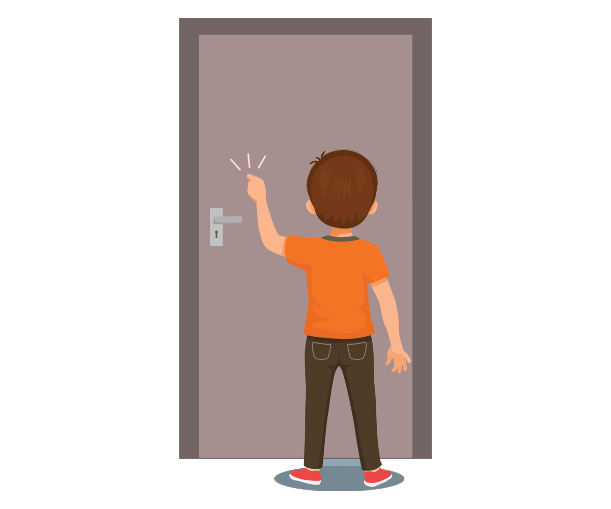 An illustration of a boy knocking on a door. 