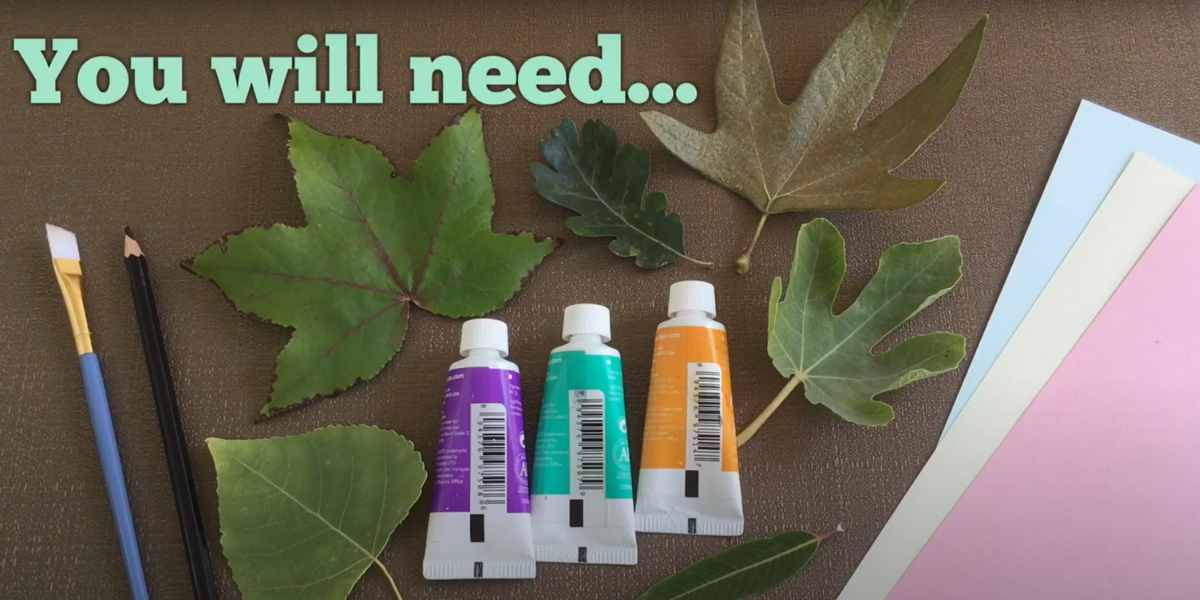 Supplies needed for leaf print craft: leaves, paint brush, pencil, paints, paper. 