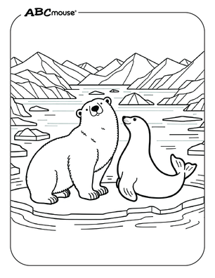 Free printable Polar Bear with a seal coloring page from ABCmouse.com. 