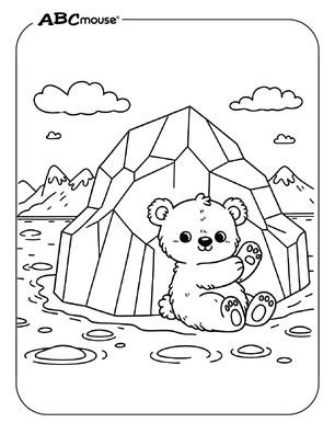 Free printable Polar Bear sitting in front of an iceberg coloring page from ABCmouse.com. 