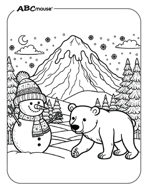 Free printable Polar Bear and snowman coloring page from ABCmouse.com. 