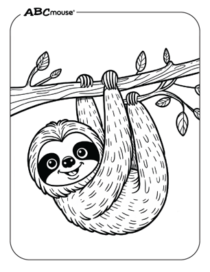 Cute sloth in a tree coloring page from ABCmouse.com. 