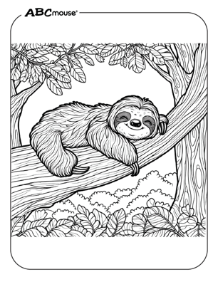 Cute sloth sleeping in a tree coloring page from ABCmouse.com. 