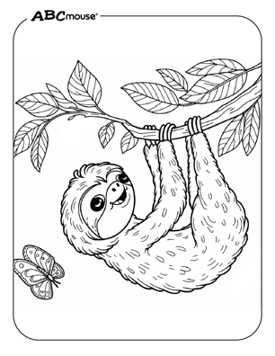 Cute sloth hanging from a tree coloring page from ABCmouse.com. 