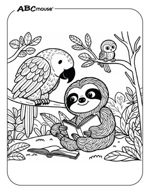 Cute sloth reading coloring page from ABCmouse.com. 