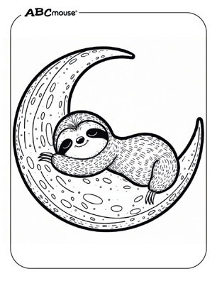 Cute sloth sleeping on the moon coloring page from ABCmouse.com. 