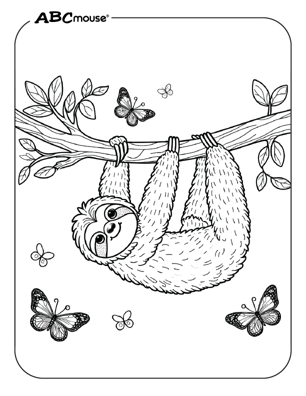 Cute sloth in a tree coloring page from ABCmouse.com. 