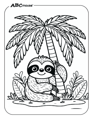 Cute sloth hugging a palm tree coloring page from ABCmouse.com. 