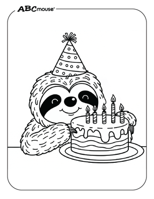 Cute sloth with a birthday cake coloring page from ABCmouse.com. 