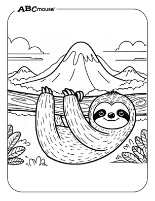 Cute sloth in a tree coloring page from ABCmouse.com. 