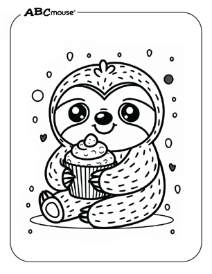 Cute baby sloth with a cupcake coloring page from ABCmouse.com. 