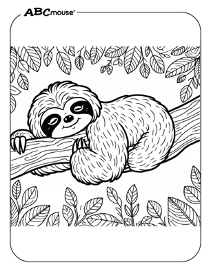 Cute sloth in a tree coloring page from ABCmouse.com. 