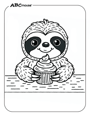 Cute sloth with a cupcake coloring page from ABCmouse.com. 