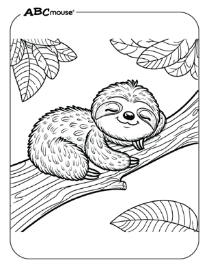 Cute sloth in a tree coloring page from ABCmouse.com. 