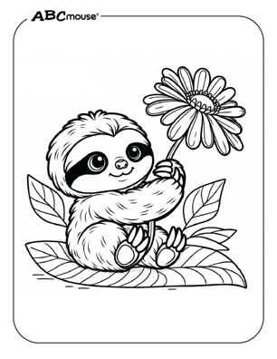 Cute baby sloth holding a flower coloring page from ABCmouse.com. 