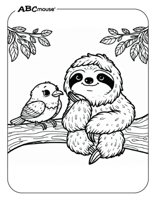 Cute sloth and bird coloring page from ABCmouse.com. 