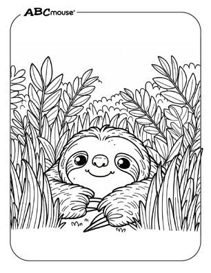 Cute sloth in the bushes coloring page from ABCmouse.com. 