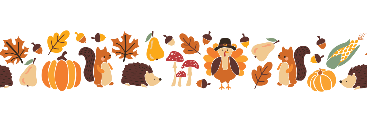 Cute thanksgiving border with turkeys, leaves, acorns, mushrooms, and squirrels. 