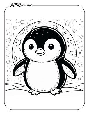 Free printable penguin in front of the moon coloring page for kids from ABCmouse.com. 