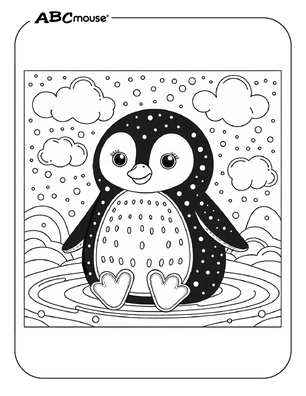 Free printable penguin sitting in the snow coloring page for kids from ABCmouse.com. 